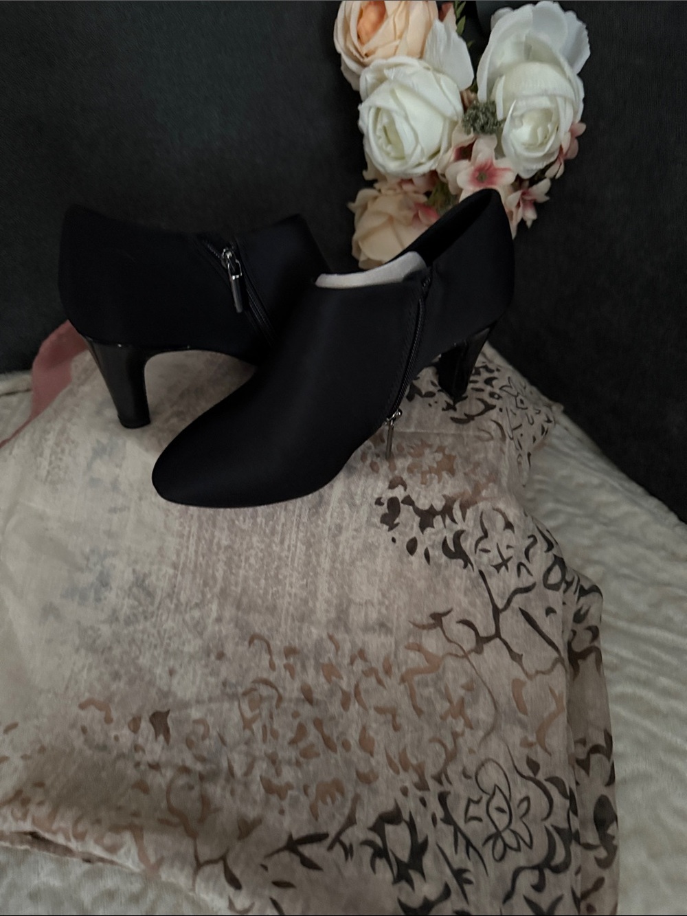 Bandolino Black Satin Ankle Booties with Low Heel